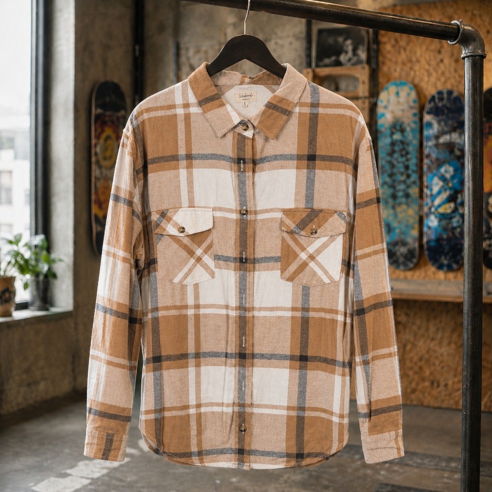 Weekends Everyday Tan Brown Plaid Flannel Button Up Shirt Large Mens Streetwear